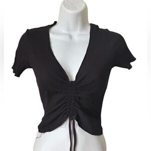 GHANDA Black Ruched V-Neck Women's Top,Sz S